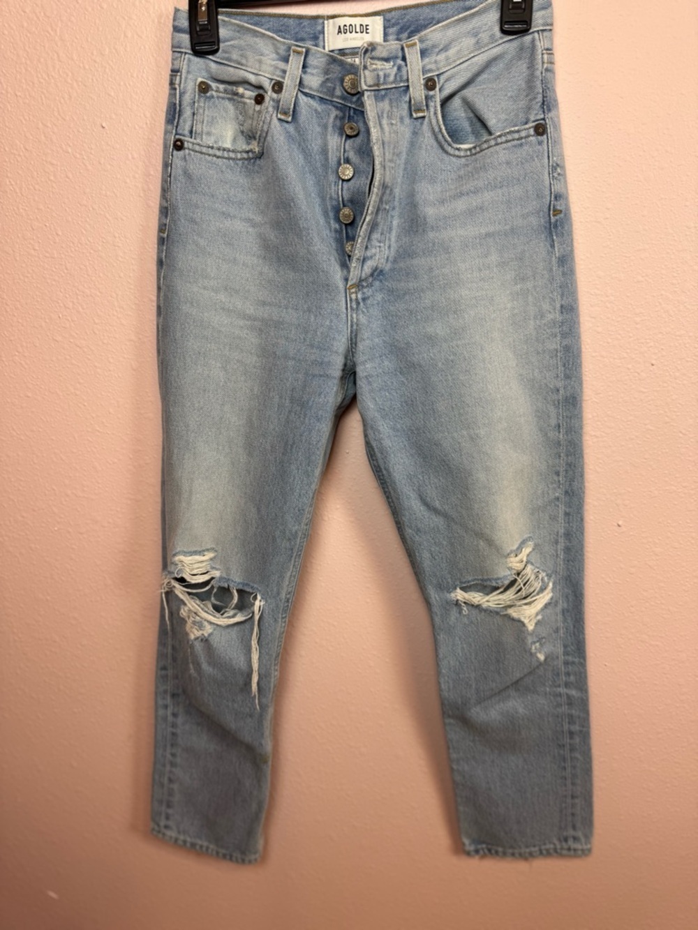 Agolde Light Blue Distressed Riley Cropped Jeans